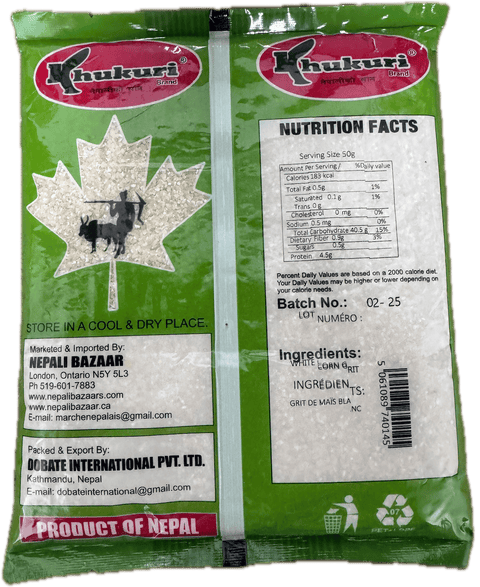 A packet of White Corn Grits of 2 lbs showing nutrition facts