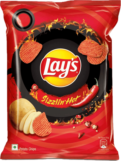 A packet of Lays Sizzlin Hot Chips from PepsiCo India of 20g