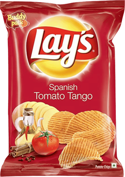 A packet of Lays Spanish Tomato Tango Chips from PepsiCo India of 20g
