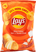 A packet of Lays West Indies Hot n Sweet Chilli Chips from PepsiCo India of 20g