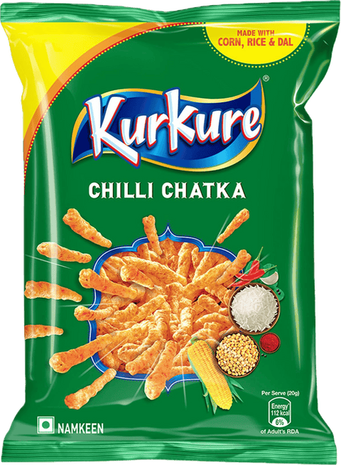 A packet of Kurkure Chilli Chatka Chips from PepsiCo India of 20g