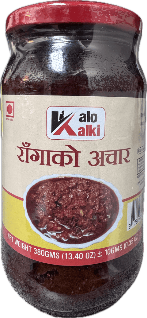 A glass bottle of Raga Achar (Water Buffalo Pickle) from Kalo Kalki of 380g