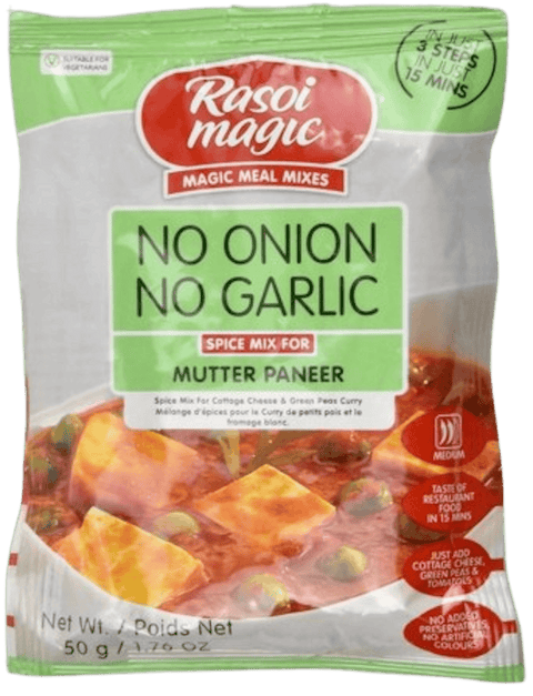 A packet of No Onion No Garlic Mutter Paneer Spice Mix from Rasoi Magic of 50g