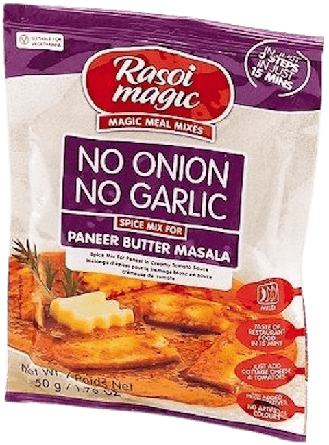 A packet of No Onion No Garlic Paneer Butter Masala Spice Mix from Rasoi Magic of 50g