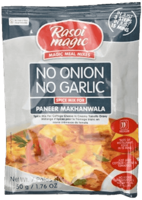 A packet of No Onion No Garlic Paneer Makhanwala from Rasoi Magic of 50g