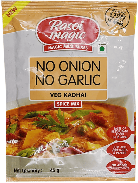 A packet of No Onion No Garlic Veg Kadhai Spice Mix from Rasoi Magic of 45g