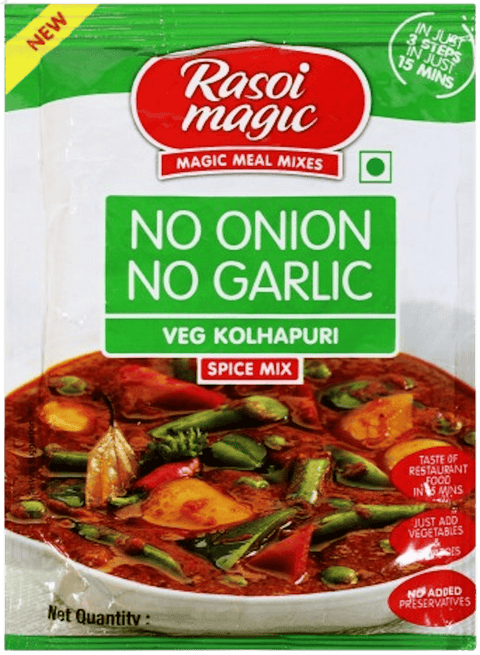 A packet of No Onion No Garlic Veg Kolhapuri Spice Mix from Rasoi Magic of 50g