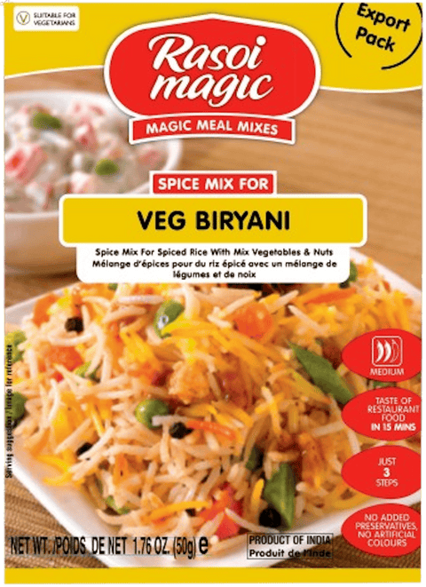 A packet of Veg Biryani Spice Mix from Rasoi Magic of 50g