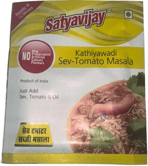 A packet of Kathiyawadi Sev-Tomato Masala from Satyavijay of 30g
