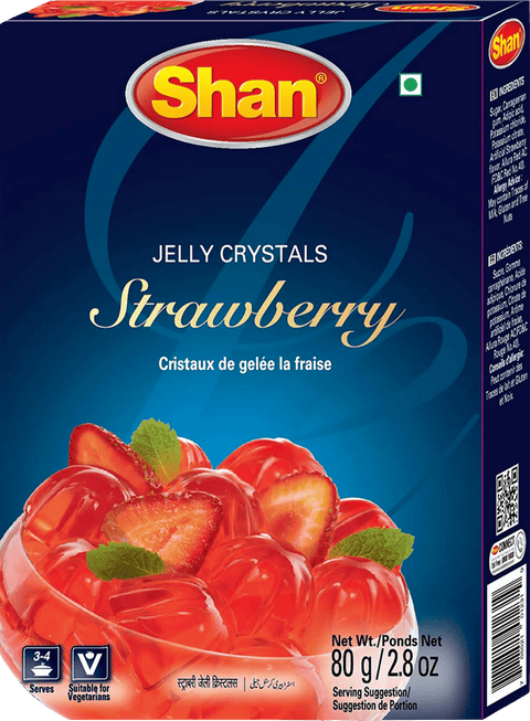 A packet of Jelly Crystals Strawberry from Shan of 80g