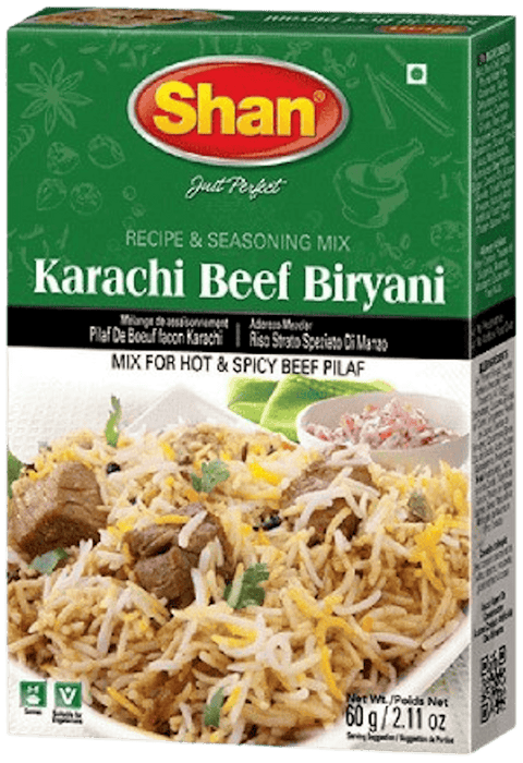 A packet of Karachi Beef Biryani Masala from Shan of 60g