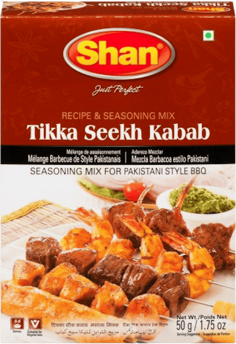 A packet of Tikka Seekh Kabab Masala from Shan of 50g