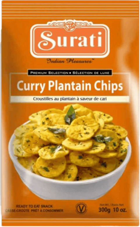 A packet of Curry Plantain Chips from Surati of 341g