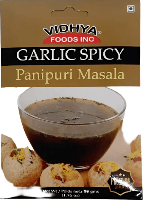 A packet of Garlic Spicy Panipuri Masala from Vidhya of 50g