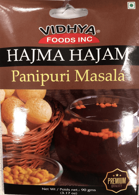 A packet of Hajma Hajam Panipuri Masala from Vidhya of 90g